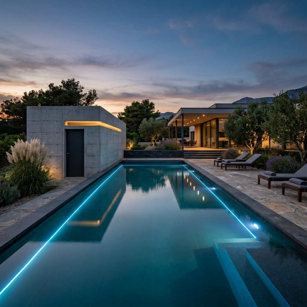 Luxury pool filtration and water system at dusk